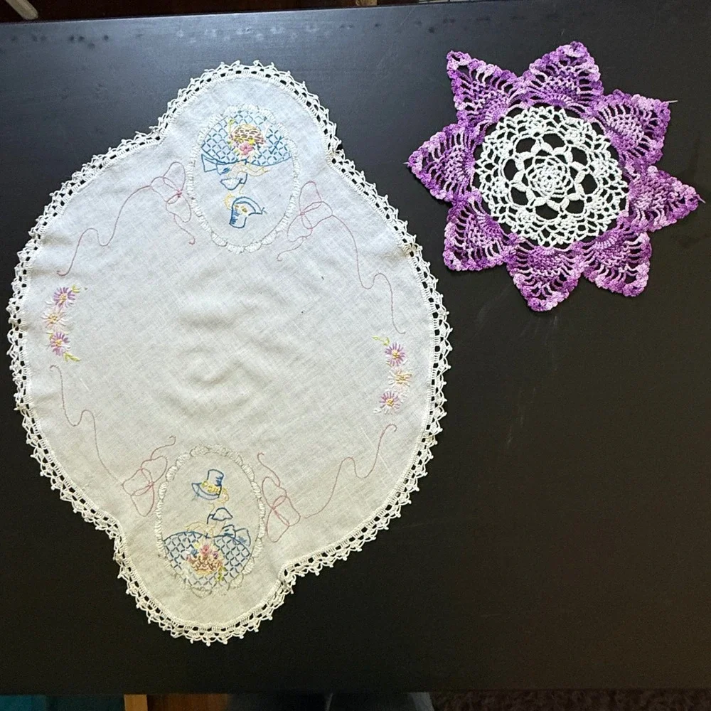Vintage Embroidered Linen Southern Belle Table Scarf and Purple Crochet Doily